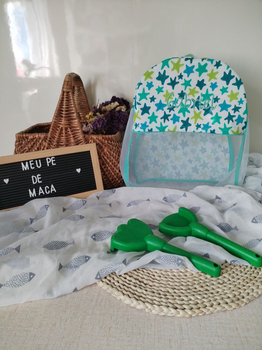 Mochila praia rede estrelas do mar personalizada criança