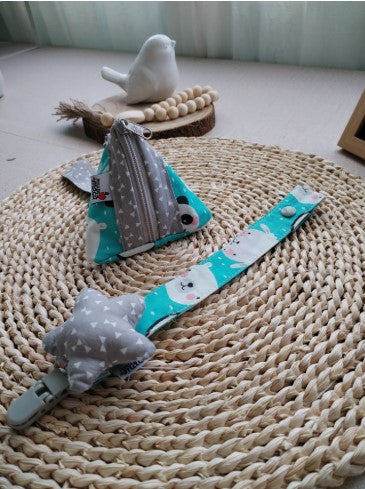 Conjunto Bolsa para a chupeta e Prende chupeta com aplicação - Animais fofinhos - Meu Pé de Maçã 