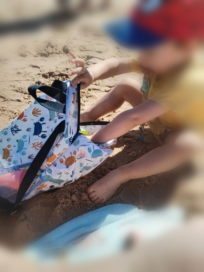 Mochila de Praia com Rede Personalizável para Crianças – Anti-Areia e Bordada - Meu Pé de Maçã 
